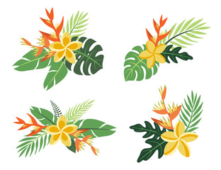 Vector illustrations set of bright compositions with tropical flowers and leaves. Exotic bouquets collection. Botanical summer decor