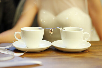 Bride and groom's Coffee time, coffee break.Hand in hand