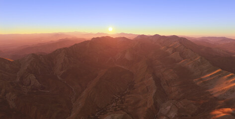 Aerial view of mountains at sunset or sunrise light