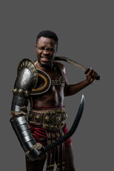 Photography of violent ancient gladiator of african ethnic screaming at camera.