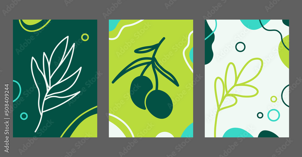 Poster abstract green background template collection with olive branch. simple vector illustration set. web
