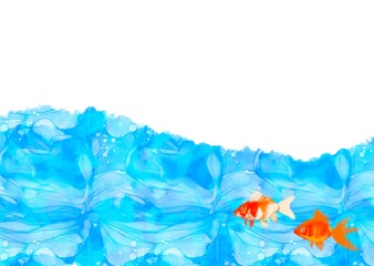 水イメージの柄に赤色の金魚が2匹いる夏イメージの背景素材（横）