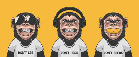 Dont See Dont Hear Dont Speak. Vector Smiling Chimpanzee Ape with Sunglasses, Headphones, Banana, Typography Quote. Funny Monkeys for Wall Art, T-shirt Print, Poster. Cartoon Cute Chimp Monkey © gomolach
