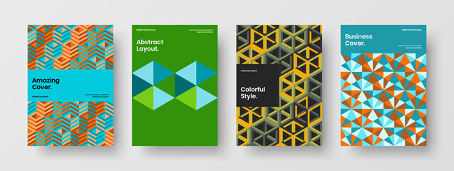 Fototapeta na wymiar Colorful geometric hexagons pamphlet layout set. Clean cover A4 vector design concept composition.