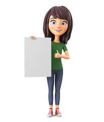 Cartoon character girl holding a blank board and showing thumbs up. 3d render illustration.