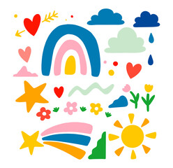 Hand-Drawn Doodle Cute Colorful Kids Art Collection with rainbow, stars, flowers, sun, clouds, rain vector set illustration