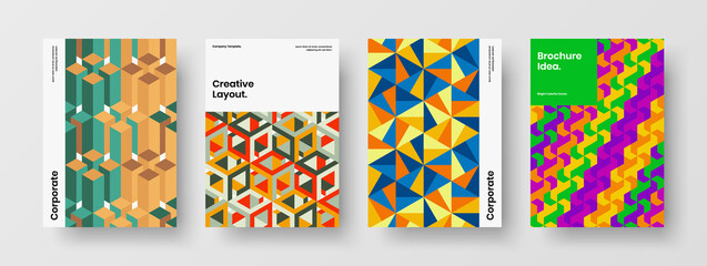 Minimalistic mosaic hexagons banner concept collection. Bright brochure A4 vector design template set.