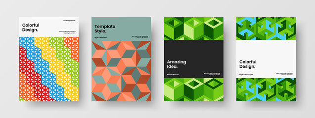 Bright geometric tiles company brochure concept bundle. Trendy postcard A4 design vector illustration collection.