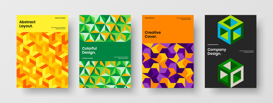 Bright geometric hexagons brochure illustration bundle. Original catalog cover vector design concept set.