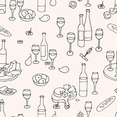 Vector seamless pattern with icons in linear style - wine sets with bottles of wine, glasses and plates with cheese and fruits.