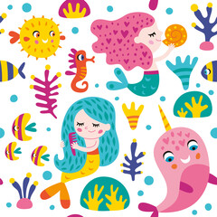 Seamless pattern with mermaids and ocean creatures for girl. Vector isolated illustrations on a white background.

