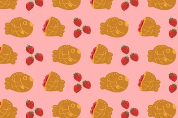 Sweet dessert Japanese food Taiyaki filled with strawberry paste pattern on pink background. Pattern design for food decoration, wrapping paper, Japanese dessert wallpaper. Flat vector illustration.