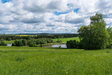 Fototapeta premium Czech highlands landscape with many forests, meadows, ponds and trees