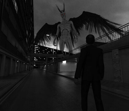 A man looking up a giant figure with wings and horns looming over a housing estate