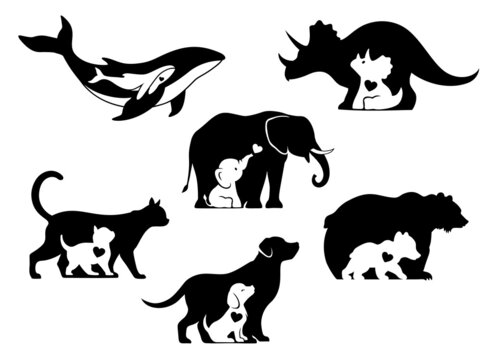 Mama and baby animals silhouette. Set of cute animals sign, logo, emblem or badge. Mom with baby symbol.