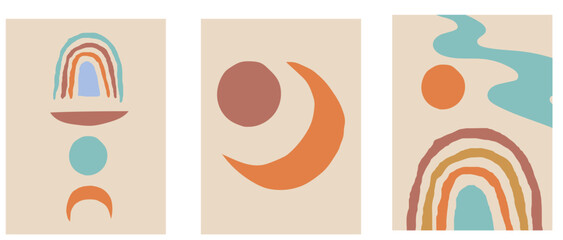 Collection of modern simple minimalistic abstractions with moon, geometric shapes (circles) on a colored background