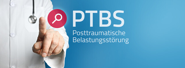 PTBS (Posttraumatische Belastungsstörung). Arzt zeigt mit Finger auf Suchfeld im Internet. Text...