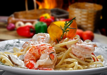 large shrimp with pasta, haute cuisine
