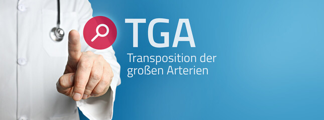TGA (Transposition der großen Arterien). Arzt zeigt mit Finger auf Suchfeld im Internet. Text...