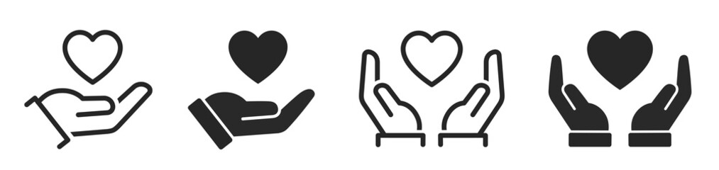 Heart in hand icons set. Hands holding heart icon. Love icon. Health, medicine symbol. Healthcare hands holding heart flat and line style - stock vector. - obrazy, fototapety, plakaty
