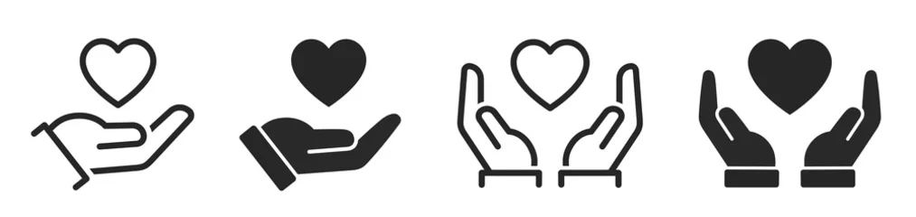 Fotobehang Heart in hand icons set. Hands holding heart icon. Love icon. Health, medicine symbol. Healthcare hands holding heart flat and line style - stock vector. © Comauthor
