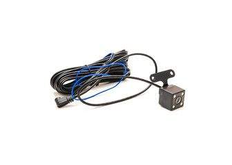 Backup camera with wiring and plug isolated on white background