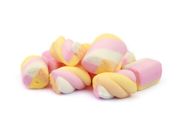 Heap of colorful marshmallows isolated on white background with clipping path