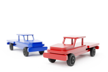 Pickup wooden  red and blue cars design on  white background. 3d illustration