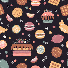 Confectionery. Sweet Food Vector Seamless Pattern. Birthday Chocolate Cake, Cupcake, Croissant, Oatmeal Cookies, Waffles, Macaroon Cookie and Lemon Fruit on Dark Background.