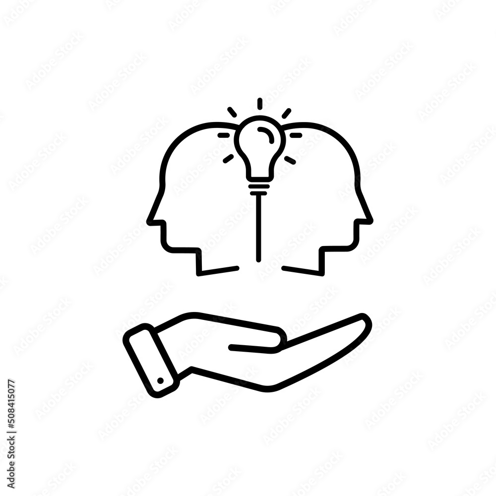 Aufkleber hand line icon with head and light bulb. concept of new idea. idea generation process. editable stro