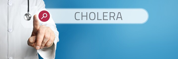 Cholera. Arzt zeigt mit Finger auf Suchfeld im Internet. Text steht in der Suche. Blauer Hintergrund. Medizin, Gesundheitswesen