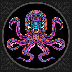 Colorful kraken octopus cartoon zentangle arts. isolated on black background. 