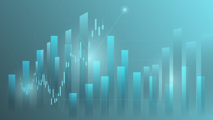 economy situation concept. Financial business statistics with bar graph and candlestick chart show stock market price and currency exchange on green background