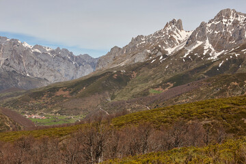 Fototapeta na wymiar Green valley mountain landscape. Cares route. Castilla Leon, Spain