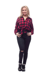 casual young woman in a red checked shirt and tight pants.