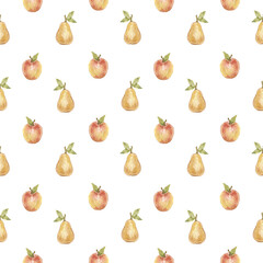 Watercolor seamless pattern with vintage yellow pear and red apple. Isolated on white background.