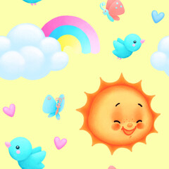 Fototapeta na wymiar A funny cheerful mood pattern of sky with happy suns, birds, clouds, rainbows, butterflies and hearts. Digital drawing, illustration.