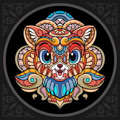 Colorful cute cat head cartoon zentangle arts. isolated on black background.