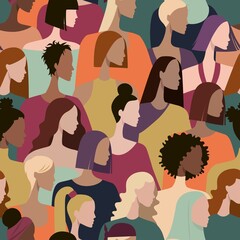 Women with different skin color, clothing, hairdo. Vector pattern. Movement for the empowerment of women. Indian, African girls, Muslim women in hijab - 508416893