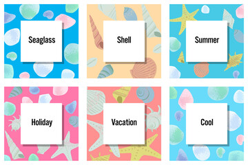 夏らしい貝殻とシーグラスの 正方形フレーム 海のモチーフ ベクターイラスト