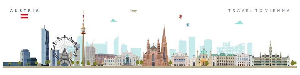 Austrian city monuments and symbols. vector illustration of banner on the theme of austria tourist attractions and travel - obrazy, fototapety, plakaty
