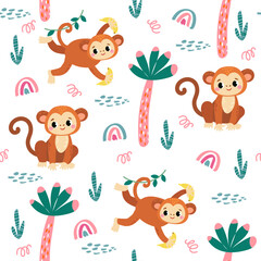 seamless pattern with monkey and plants in a childish cartoon style. vector illustration. for children's textiles and decoration