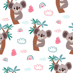 seamless pattern with koala and plants in a childish cartoon style. vector illustration. for children's textiles and decoration