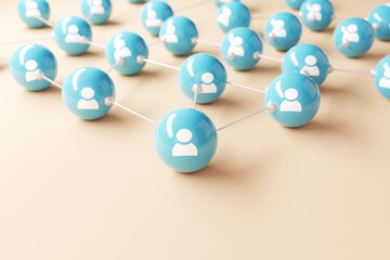 Connecting people and communication concept, social network. People icon connected together on blue background. Teamwork, 3d render. Copy space.