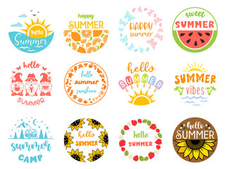 Summer round sign with quotes Hello summer. Set of summer symbols or emblem designs. Holiday illustration for badges and cards.