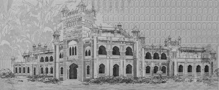 The Curzon Hall is a British Raj-era building and home of the Faculty of Sciences at the University of Dhaka., Portrait from Bangladesh 1000 Taka 2010 Banknotes.