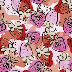 Fotobehang Bright summer background with strawberries . Hand drawing. Stylized as a watercolor. The pattern is suitable for printing on children's clothes, yogurt packaging, desserts. © OlgaKSDiz