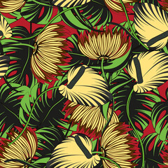 Fototapeta na wymiar Bright tropical seamless pattern with flowers and palm leaves. Background for printing on paper and material.