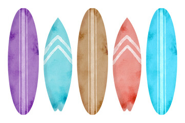 Watercolor surfboards illustration. Hand drawn summer sport set isolated on white background. Sea wave extreme surf board. Beach design, vintage holiday vacation print. Hello summer.