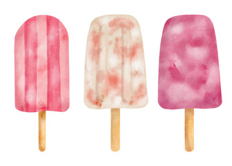 Watercolor berry popsicle set. Hand painted strawberry and cream ice pops isolated on white background. Summer frozen dessert. Pink fruit paleta drawing, raspberry ice block.